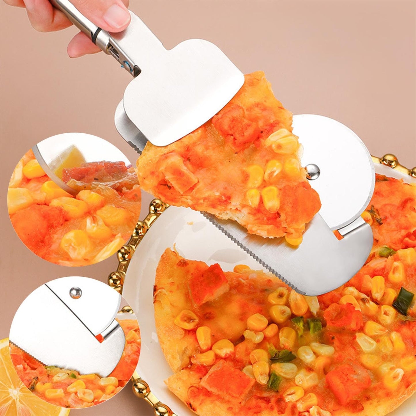 Premium Stainless Steel Pizza Cutter Crafted from food-grade stainless steel, this pizza cutter ensures corrosion protection and rust resistance, offering lasting durability and exquisite craftsmanship.